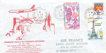 LETTRE 1 ER VOL / FRANCE "Toulouse Nantes New York, 5 juillet 1990"