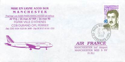 LETTRE 1 ER VOL / FRANCE "Paris Manchester, A320, 26 mars 1990"