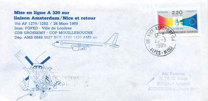 LETTRE 1 ER VOL / FRANCE "Amsterdam / Nice, 26 mars 1989"