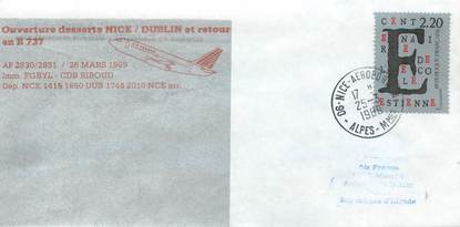 LETTRE 1 ER VOL / FRANCE "Nice / Dublin, 26 mars 1989"