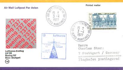 LETTRE 1 ER VOL / FRANCE "Nice / Stuttgart, avril 1977"