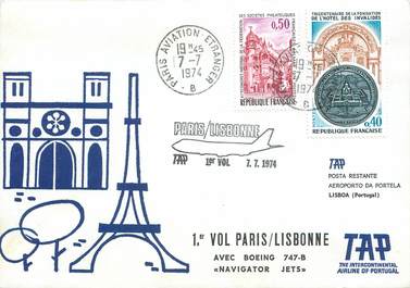 LETTRE 1 ER VOL / FRANCE "Paris / Lisbonne, 7 juillet 1974"