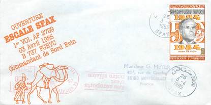 LETTRE 1 ER VOL / "Escale Sfax, 3 avril 1985, commandant de bord EVIN"