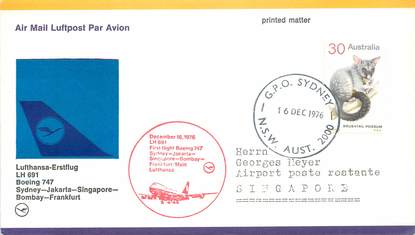 LETTRE 1 ER VOL ALLEMAGNE / "Sydney / Jakarta / Singapour / Bombay / Francfort, 16 décembre 1976"