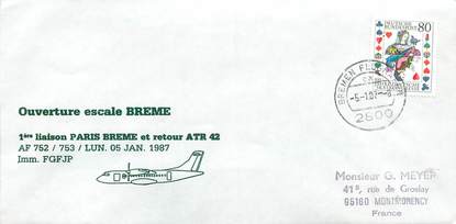 LETTRE 1 ER VOL / ALLEMAGNE "Paris / Brême, lundi 5 janvier 1987"