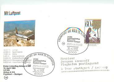 LETTRE CARTE 1 ER VOL / ALLEMAGNE "A310, Francfort / Stuttgart, 10 avril 1983"