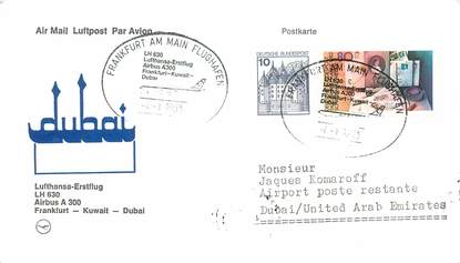 LETTRE CARTE 1 ER VOL / ALLEMAGNE "A300, Francfort / Koweit / Dubai, 4 janvier 1983"