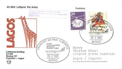 LETTRE CARTE 1 ER VOL / ALLEMAGNE "B747, Francfort / Lagos, 29 mars 1983"