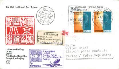 LETTRE 1 ER VOL / ALLEMAGNE "Francfort / Karachi / Bangkok / Beijing, 7 avril 1980"