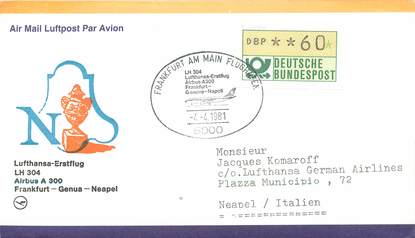 LETTRE 1 ER VOL / ALLEMAGNE "Francfort / Genua / Neapel, 4 avril 1981"