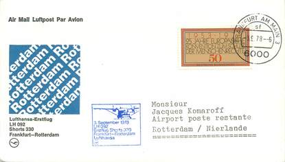 LETTRE 1 ER VOL / ALLEMAGNE "Francfort / Rotterdam, 3 septembre 1978"