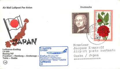 LETTRE 1 ER VOL / ALLEMAGNE "Francfort / Hambourg / Anchorage / Tokyo / Osaka, 2 avril 1979"