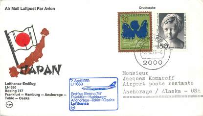 LETTRE 1 ER VOL / ALLEMAGNE "Francfort / Hambourg / Anchorage / Tokyo / Osaka, 2 avril 1979"