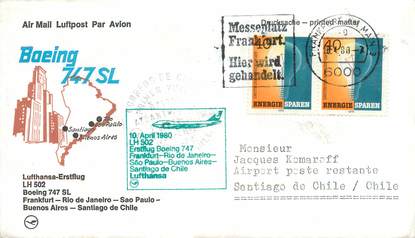 LETTRE 1 ER VOL / ALLEMAGNE "Francfort / Rio de Janeiro / Sao Paulo / BUenos Aires / Santiago de Chile, 10 avril 1980"