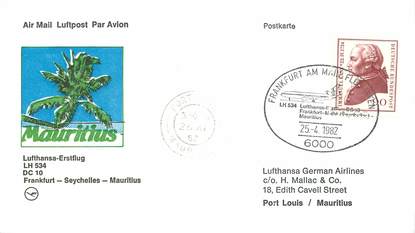 LETTRE CARTE 1 ER VOL / ALLEMAGNE "Francfort / Seychelles / Maurice, 25 avril 1982"