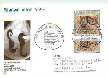 LETTRE CARTE 1 ER VOL / ALLEMAGNE "Francfort / Jeddah / Dar es Salaam / Maurice, 6 mai 1984"