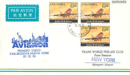 LETTRE 1 ER VOL / AMERIQUE DU SUD "Cali / Bogota / New York, 10 décembre 1976"