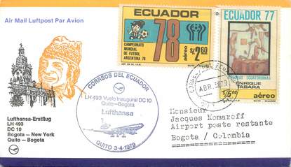 LETTRE 1 ER VOL / AMERIQUE DU SUD "Bogota / New York / Quito / Bogota, 3 avril 1979"