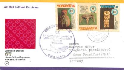 LETTRE 1 ER VOL / AMERIQUE DU SUD "Lima / Quito / Kingston / New York / Francfort, 1er avril 1977"