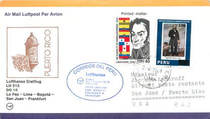 LETTRE 1 ER VOL / AMERIQUE DU SUD "La Paz / Lima / Bogota / San Juan / Francfort, 28 avril 1981"