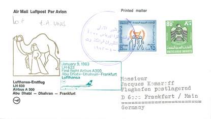 LETTRE 1 ER VOL / ARABIE "Emirats Arabes Unis: Abu Dhabi / Dhahran / Francfort, 9 janvier 1983"