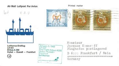 LETTRE 1 ER VOL / ARABIE "Emirats Arabes Unis : Dubai / Koweit / Francfort, 5 janvier 1983"