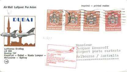 LETTRE 1 ER VOL / ARABIE "Francfort / Dubai / Kuala Lumpur / Melbourne / Sydney, 31 janvier 1982"