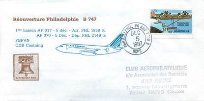 LETTRE 1 ER VOL / USA "Philadelphie, 5 décembre 1987"