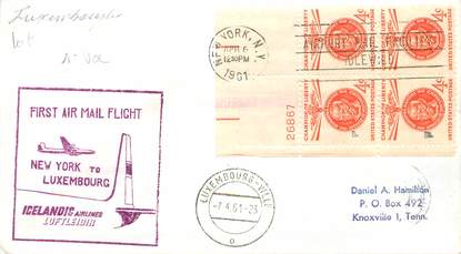 LETTRE 1 ER VOL / USA "New York / Luxembourg, 6 avril 1961"