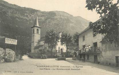 CPA FRANCE 73 "Aiguebelette,, L'église, la place, le restaurant Mercier".