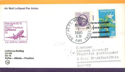 LETTRE 1 ER VOL / USA "Dallas / Atlanta / Francfort, 1er mai 1980"