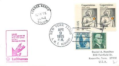 LETTRE 1 ER VOL / USA "New York / Lima / La Paz / Santiago de Chile, 9 avril 1975"