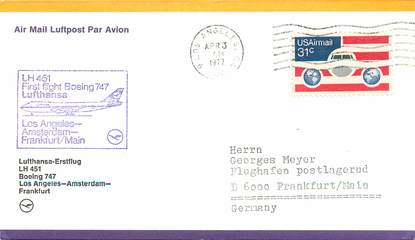 LETTRE 1 ER VOL / USA "Los Angeles / Amsterdam / Francfort, 3 avril 1977"