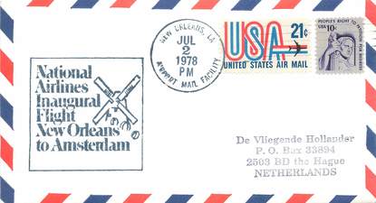 LETTRE 1 ER VOL / USA "Nlle Orléans / Amsterdam, 2 juillet 1978"