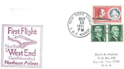 LETTRE 1 ER VOL / USA "New York / Bahamas, 10 octobre 1971"