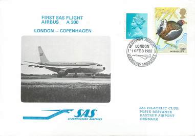 LETTRE 1 ER VOL / GRANDE BRETAGNE "Londres / Copenhague, 16 février 1980"