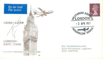 LETTRE 1 ER VOL / GRANDE BRETAGNE "Londres Cape Town, 2 avril 1977"