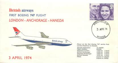 LETTRE 1 ER VOL / GRANDE BRETAGNE "Londres / Anchorage / Haneda, 3 avril 1974"