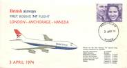 1 Er Vol LETTRE 1 ER VOL / GRANDE BRETAGNE "Londres / Anchorage / Haneda, 3 avril 1974"