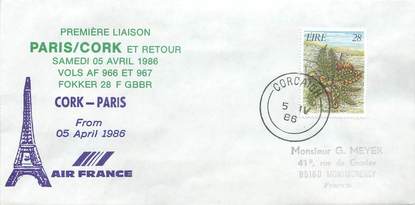 LETTRE 1 ER VOL / GRANDE BRETAGNE "Cork / Paris, 5 avril 1986"