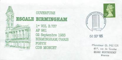 LETTRE 1 ER VOL / GRANDE BRETAGNE "Birmingham / Paris, 2 septembre 1985"