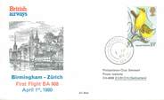 1 Er Vol LETTRE 1 ER VOL / GRANDE BRETAGNE "Birmingham / Zürich, 1er avril 1980"