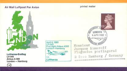 LETTRE 1 ER VOL / GRANDE BRETAGNE "Londres / Hambourg, 6 avril 1980"