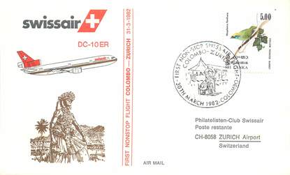 LETTRE 1 ER VOL / INDES "Colombo / Zürich, 30 mars 1982"