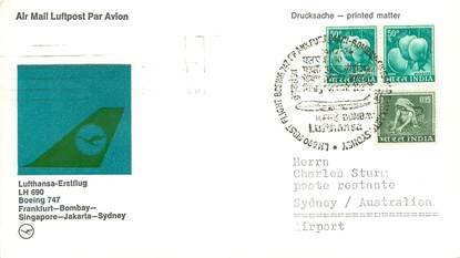 LETTRE 1 ER VOL / INDES "Francfort / Bombay / Singapour / Jakarta / Sydney, 16 décembre 1976"