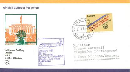 LETTRE 1 ER VOL / ONU "Genf / Münich, 30 mars 1981"