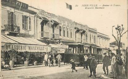 CPA TUNISIE "Ferryville, avenue de France, Brasserie Maxéville" / TRAMWAY
