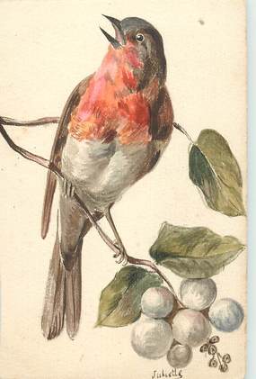 CPA CARTE PEINTE / DESSIN ORIGINAL / petit oiseau rouge gorge