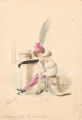 CPA CARTE PEINTE / DESSIN ORIGINAL / Femme  avec son chapeau à plumes