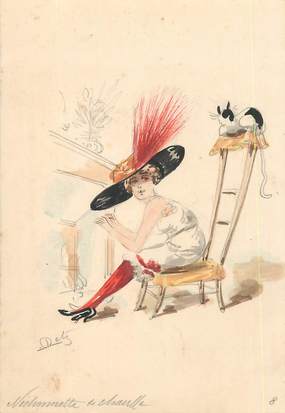 CPA CARTE PEINTE / DESSIN ORIGINAL / Femme  avec son chapeau à plumes et le petit chat